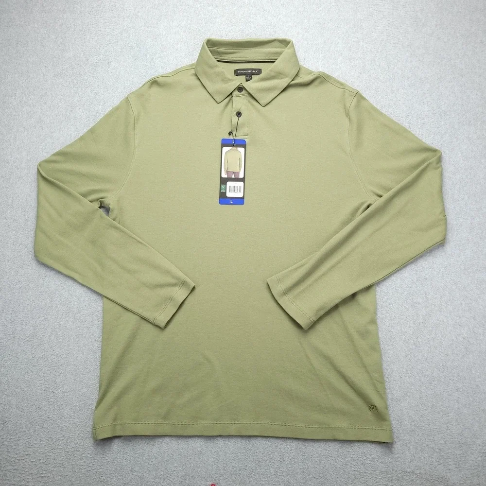 Banana Republic Polo Shirt Mens L Green Solid Cotton Long Sleeve Luxe Touch Top